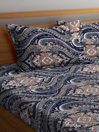 KLOTTHE Blue & Brown Ethnic Motif Printed 300 TC Fitted King Bedsheet With 2 Pillow Covers
