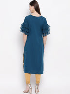 Janasya Teal Blue Geometric Printed Keyhole Neck Flared Sleeves Crepe Kurta - Distacart