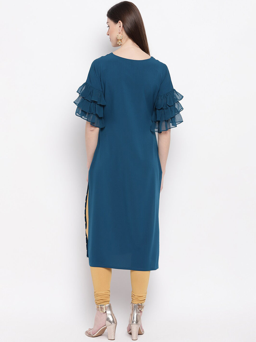 Janasya Teal Blue Geometric Printed Keyhole Neck Flared Sleeves Crepe Kurta - Distacart