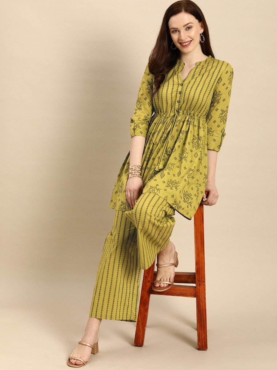 All About You Women Green Printed Pure Cotton Kurti with Palazzos