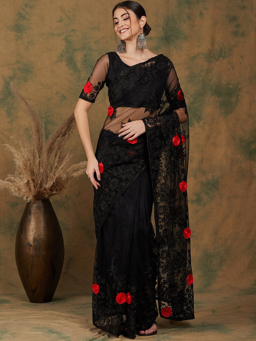 Sangria Black Floral Embroidered Saree - Distacart