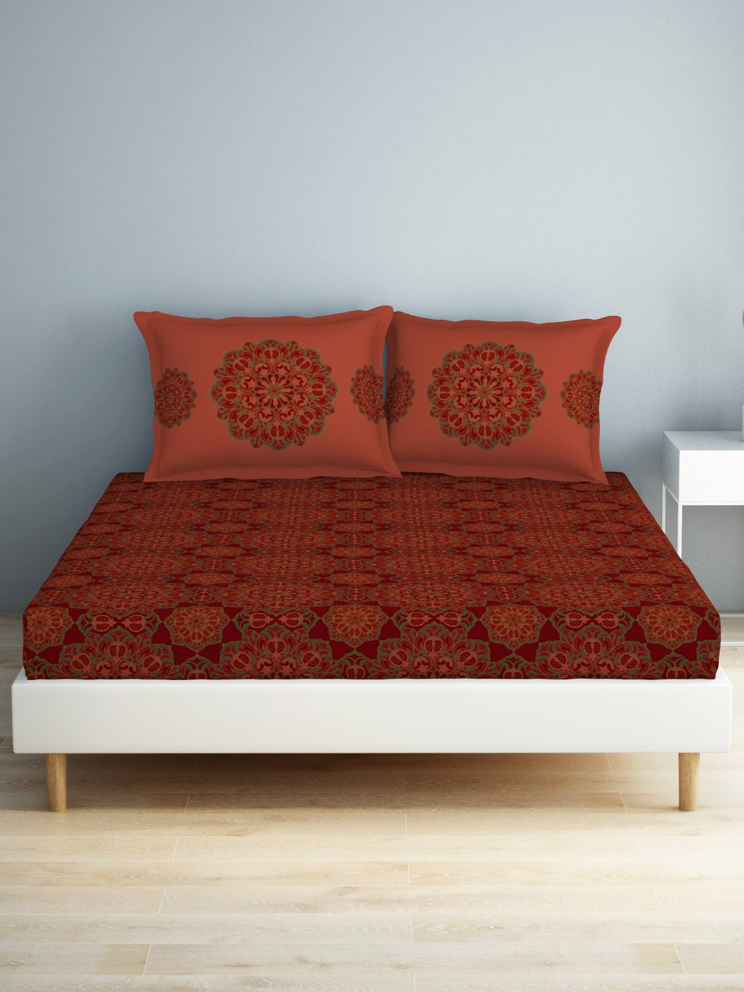 SPACES Aurum Red Ethnic Motifs Pure Cotton 140 TC Queen Bedsheet with 2 Pillow Covers