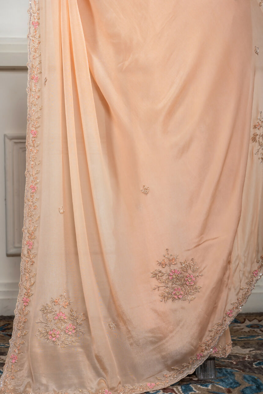 Morchari Beige Chiffon Hand Embroidery Saree And Stitched Blouse - Distacart