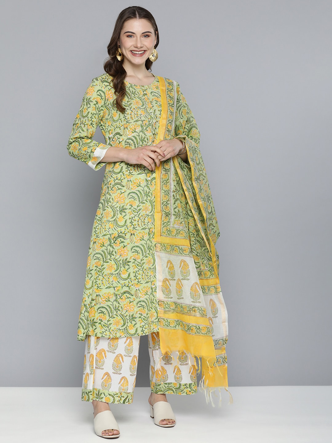 HERE&NOW Floral Printed Regular Pure Cotton Kurta with Palazzos & With Dupatta