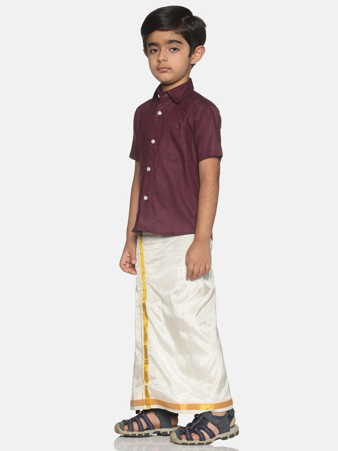 Sethukrishna Boys Maroon & White Solid Shirt with Veshti Set