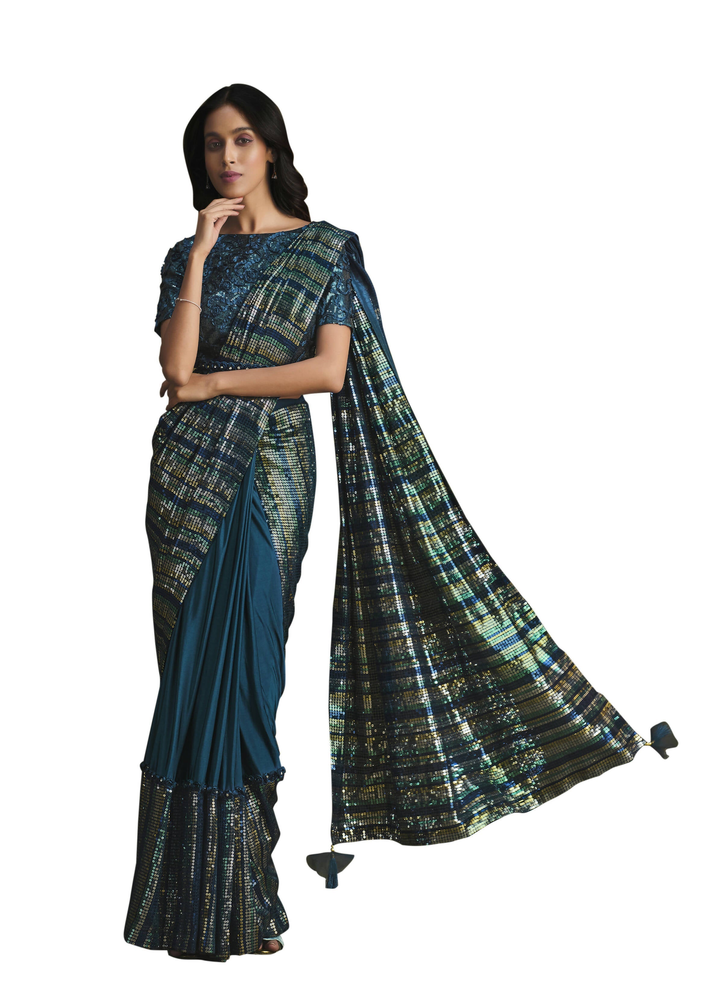 Teal Crystal Silk Sequence Embroidered Saree With Stitched Blouse - Mohmanthan La Belle