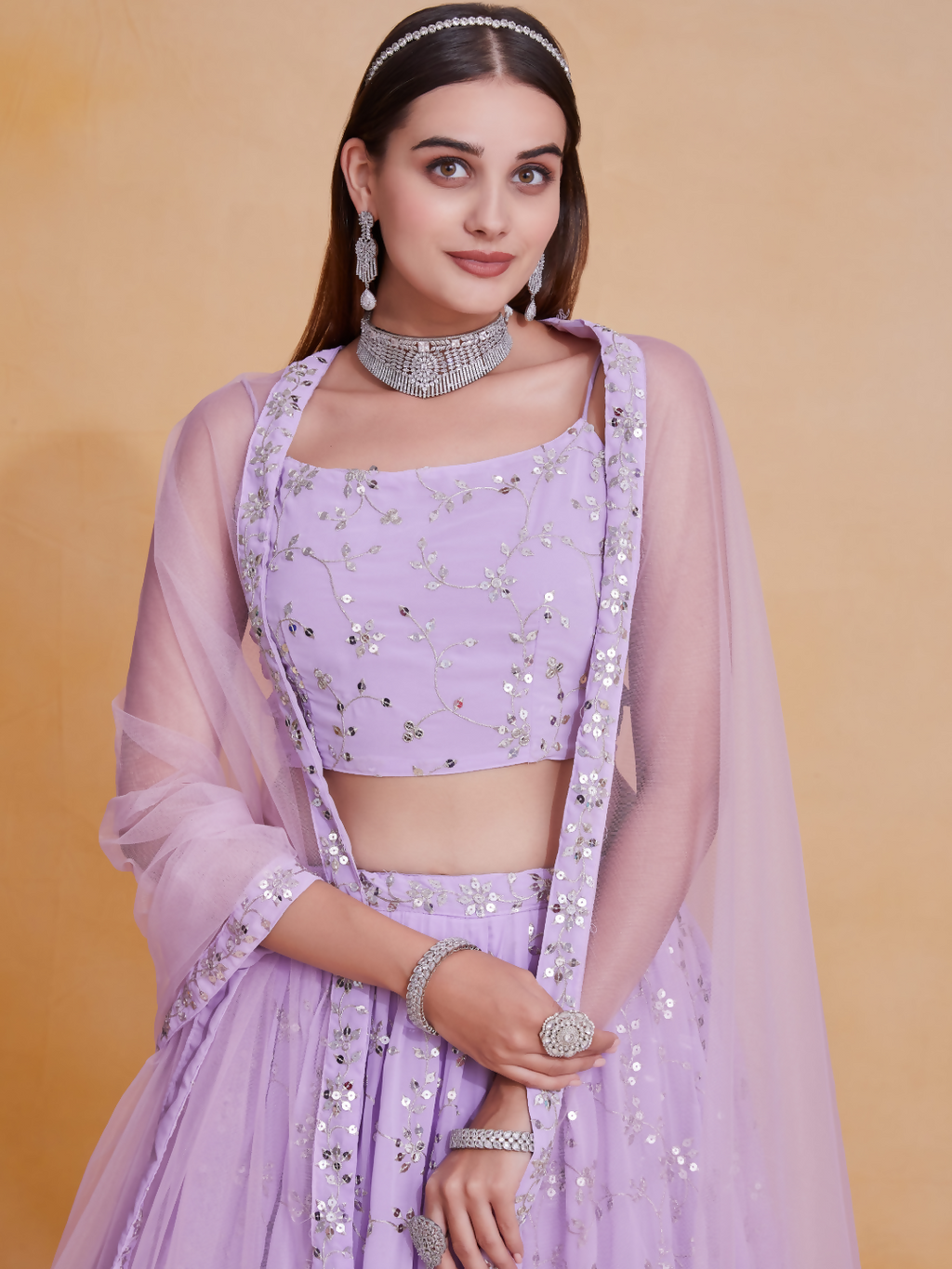 Lavender Georgette Zari,Sequence Embroidery Work Lehenga Choli - Jihu Culture