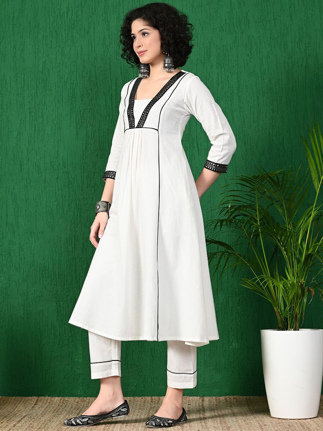 Sangria Square Neck Mirror Work Pure Cotton A-Line Kurta With Trouser