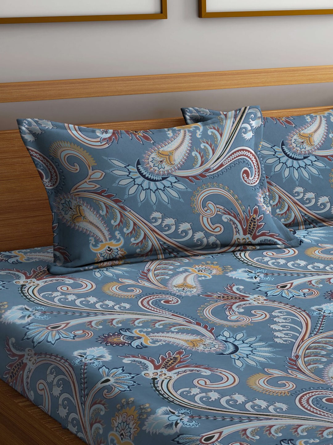 FABINALIV Grey & Brown Etnic Motifs 300 TC Fitted King Bedsheet With 2 Pillow Covers - Distacart