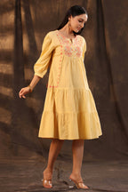 Juniper Women's Yellow Cotton Slub Solid Embroidered Tiered Dress - Distacart