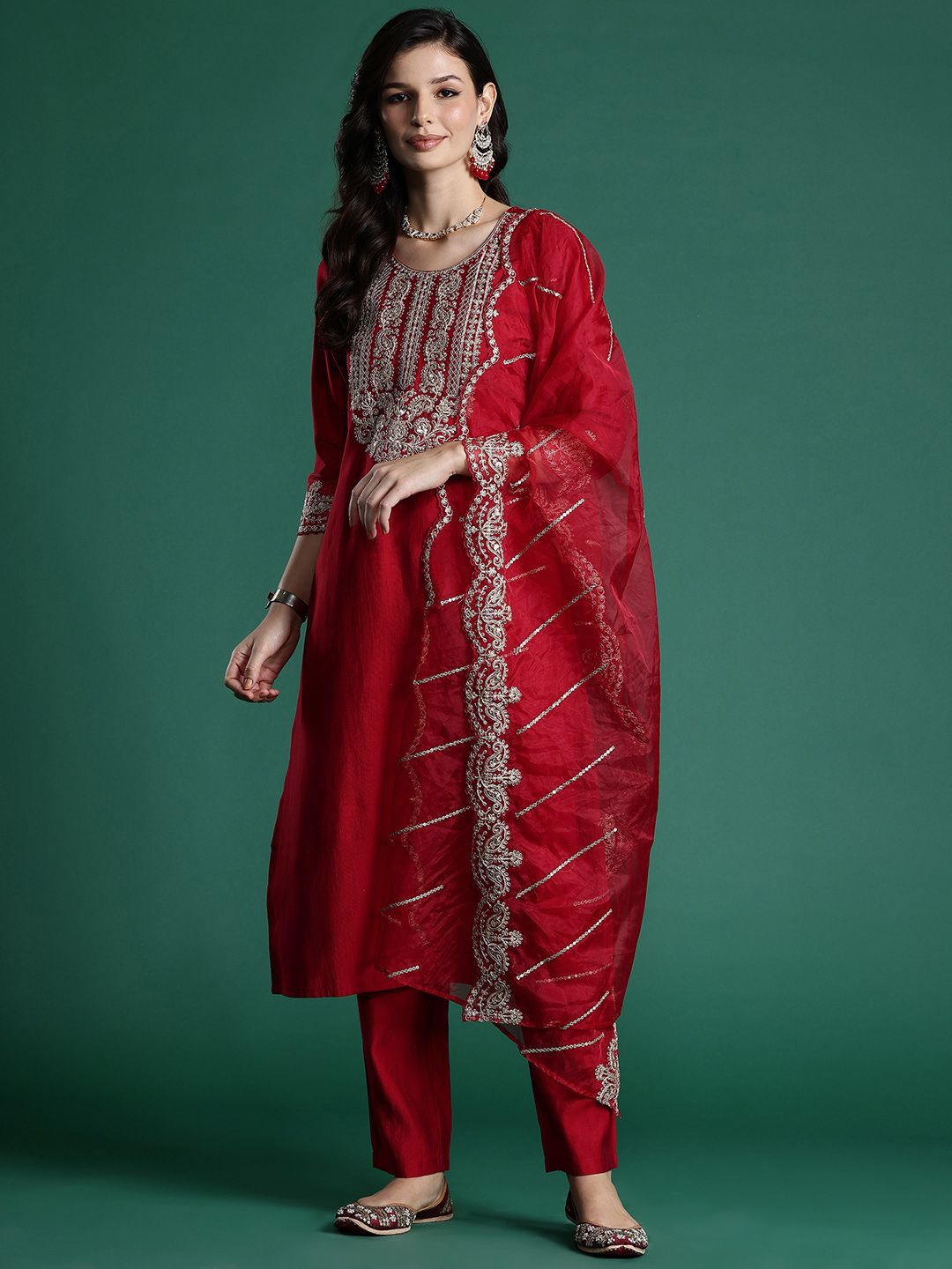 Indo Era Ethnic Motifs Embroidered Sequinned Liva Kurta With Trousers & Dupatta - Distacart
