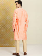 House of Pataudi Men Peach-Coloured Floral Embroidered A-Line Kurta