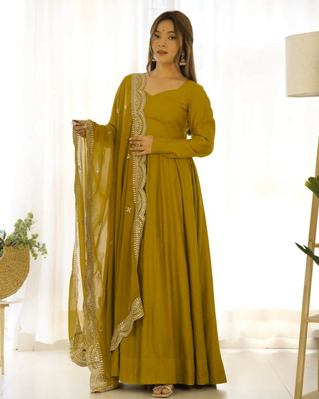 Lehenga Mart Designer Anarkali Suit With Kurta, Pant, Dupatta For Women-Mustard