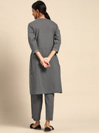 Sangria Women Charcoal Grey Pure Cotton Solid Kurta with Cropped Trousers