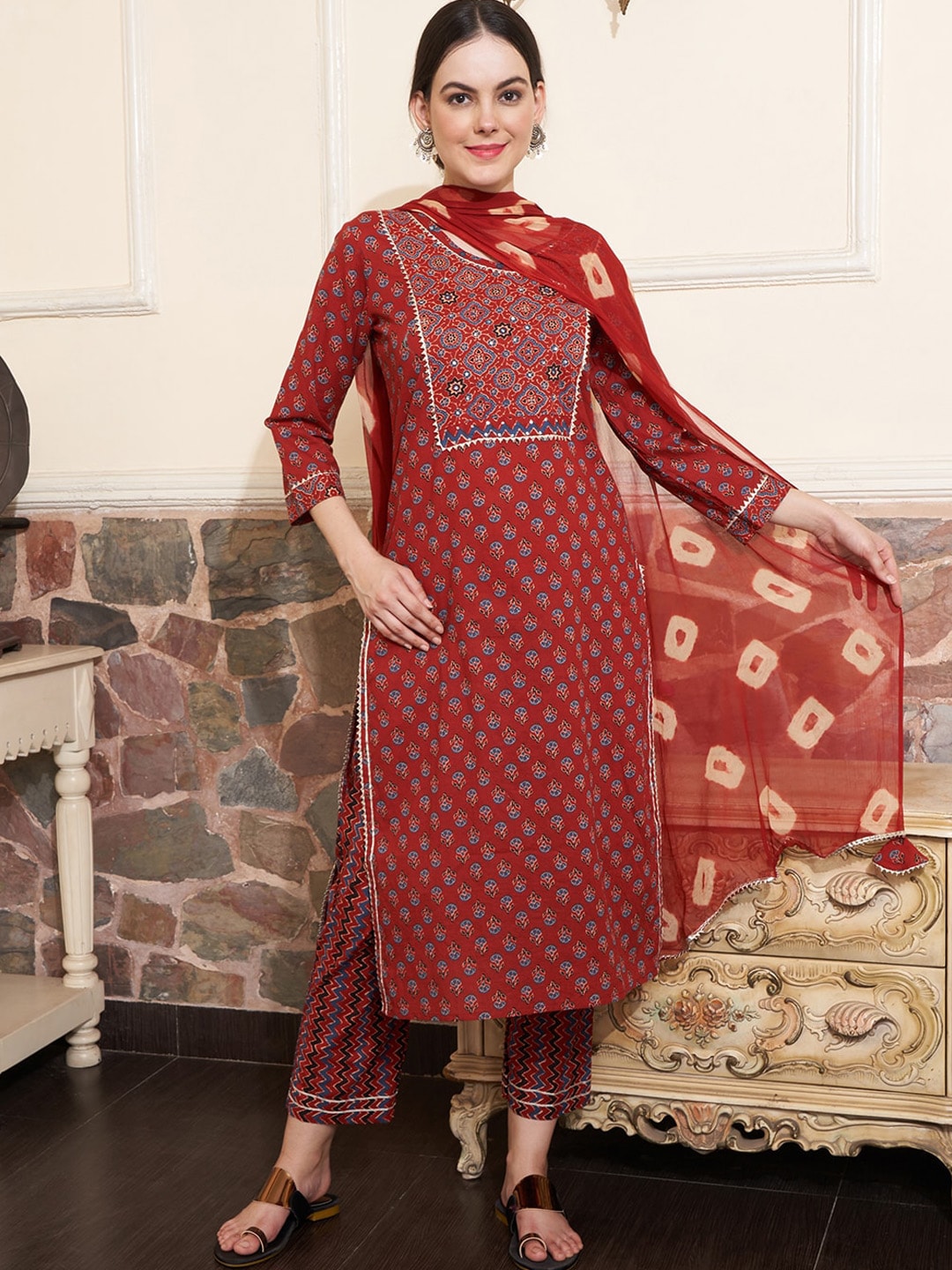 Sangria Maroon Ethnic Motifs Printed Mirror Work Pure Cotton Kurta with Trousers & Dupatta