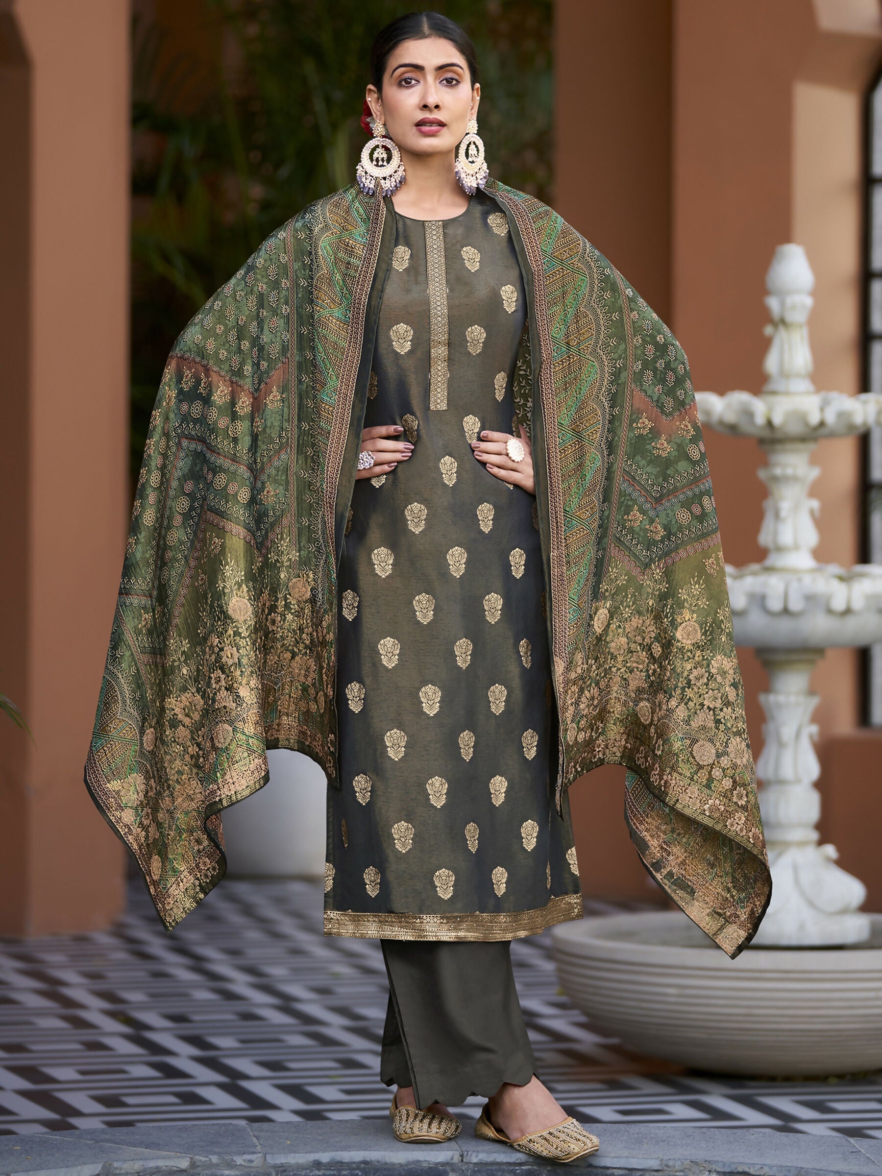 Jyoti Fashion Women's Green Pure Silk Elegant Jacquard Woven Kurta with Trouser & Dupatta