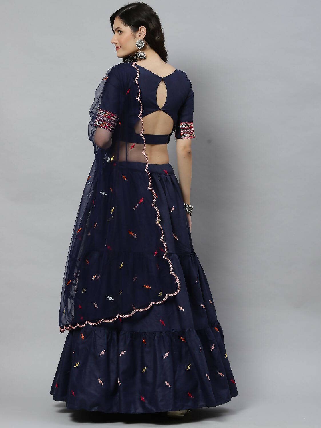 Navy Blue Cotton Embroidered Work Lehenga Choli with Dupatta - Jivika