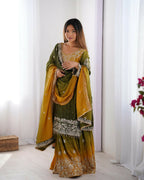 The52 Women's Beautiful Chinon silk Fabric Embroidery Work Straight Kurta Palazzo and Dupatta Set - Distacart