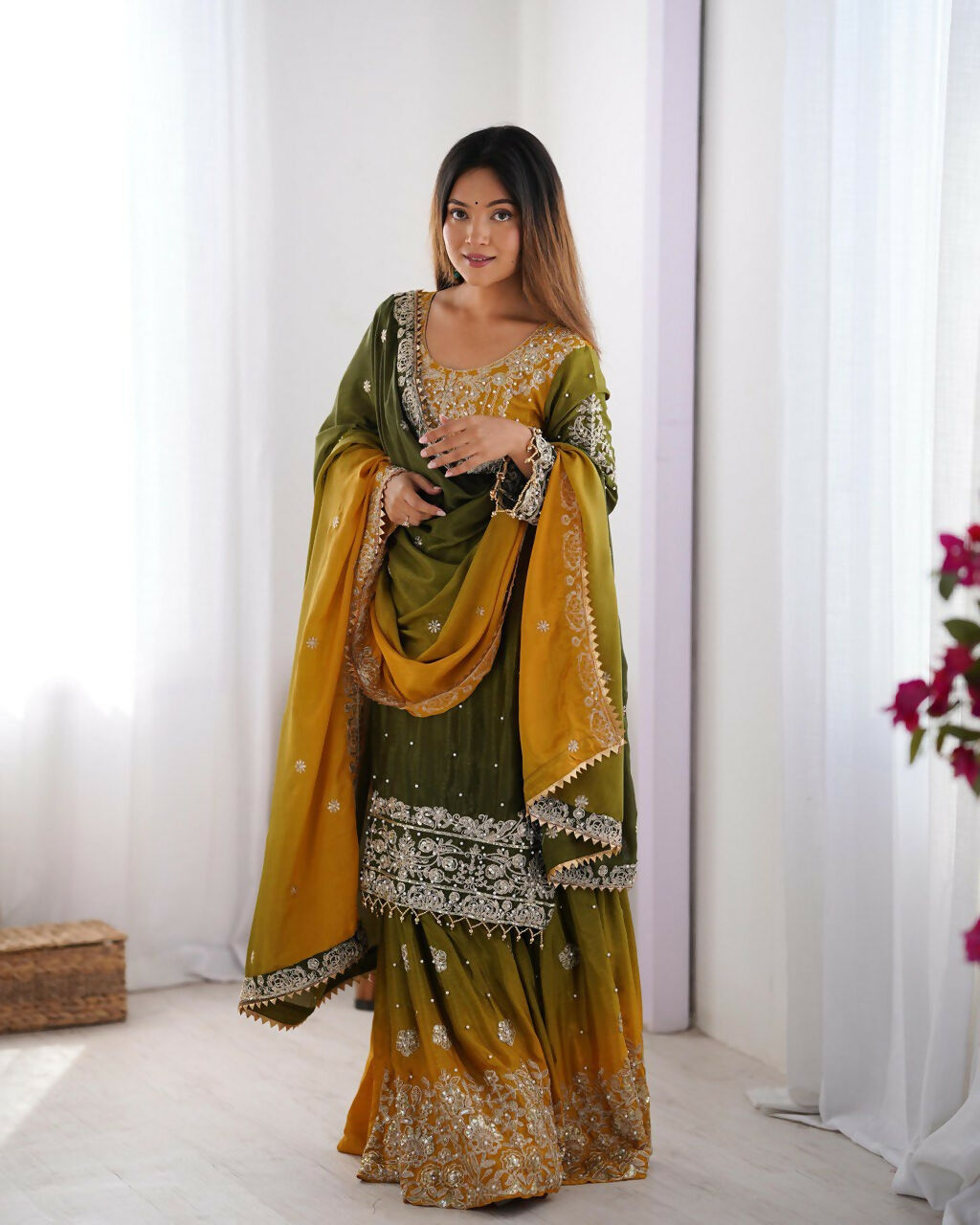 The52 Women's Beautiful Chinon silk Fabric Embroidery Work Straight Kurta Palazzo and Dupatta Set - Distacart