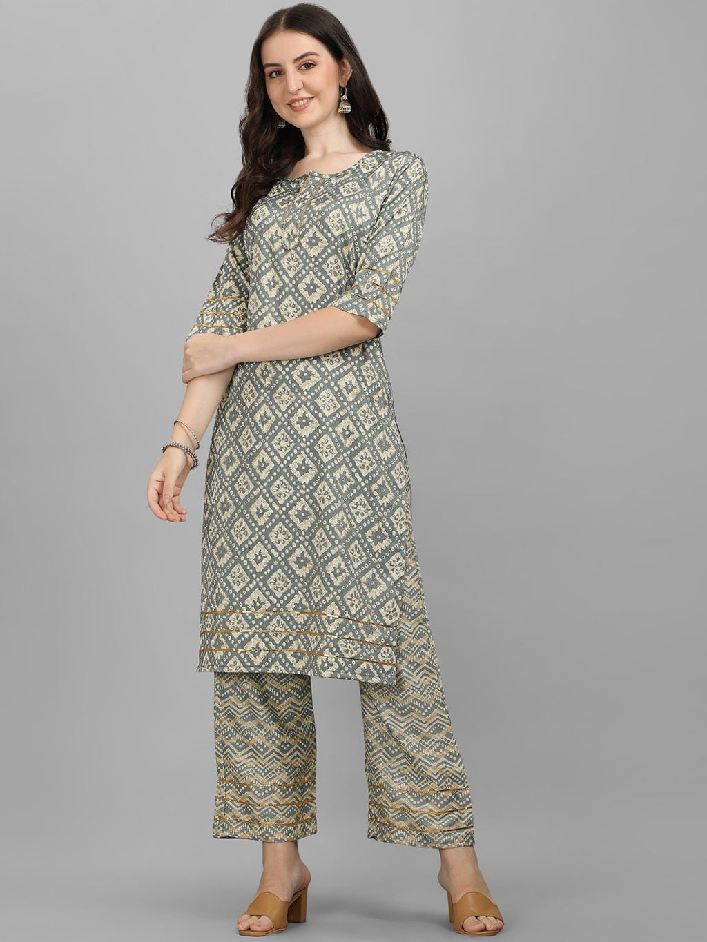 HERE&NOW Women Grey Ethnic Motifs Printed Kurta With Palazzos
