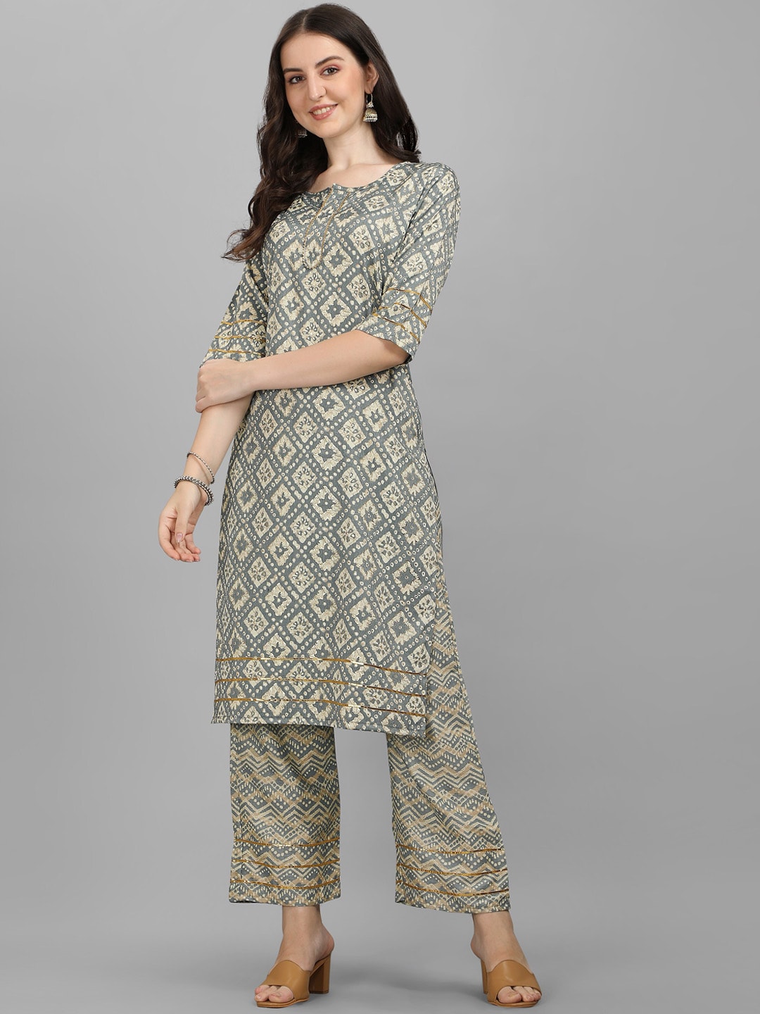 HERE&NOW Women Grey Ethnic Motifs Printed Kurta With Palazzos