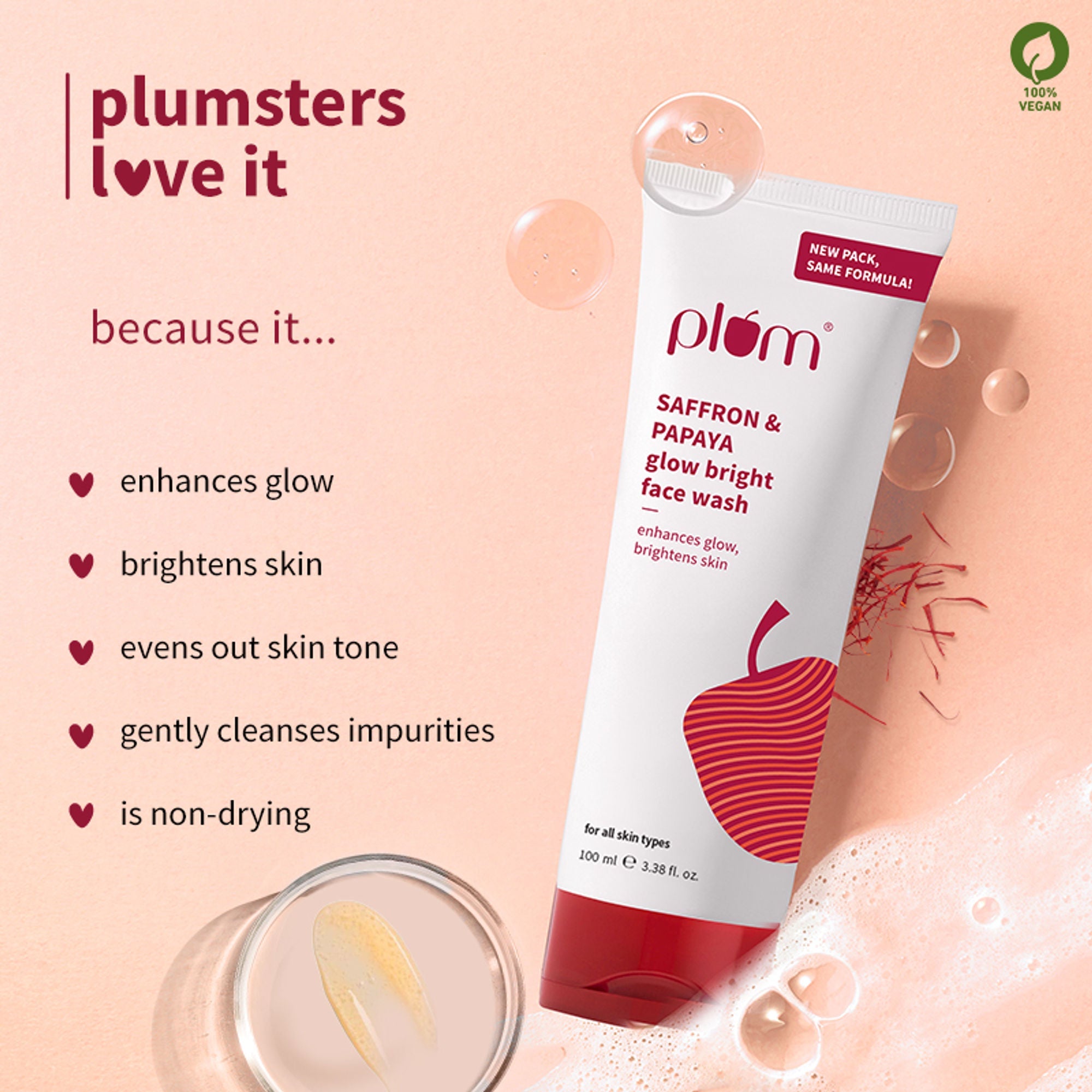 Plum Saffron & Papaya Glow Bright Gel Face Wash For Daily Use - Fights Dullness & Evens Skin Tone
