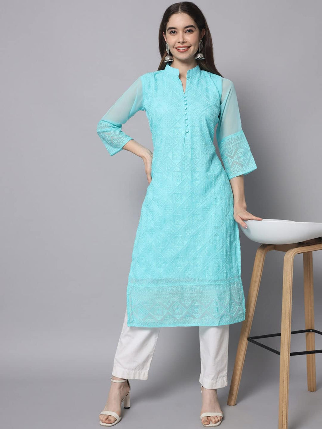 HERE&NOW Women Blue Ethnic Motifs Embroidered Thread Work Georgette Kurta
