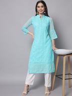 HERE&NOW Women Blue Ethnic Motifs Embroidered Thread Work Georgette Kurta