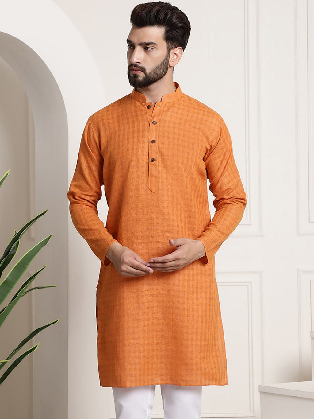Sojanya Men Orange Dobby Self-Checked Straight Kurta