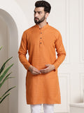 Sojanya Men Orange Dobby Self-Checked Straight Kurta