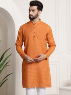 Sojanya Men Orange Dobby Self-Checked Straight Kurta