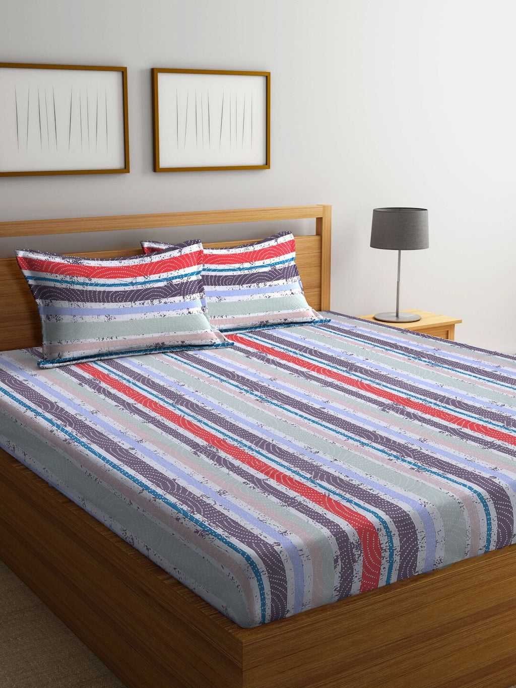 BOMBAY DYEING Red & Blue Striped Cotton 120 TC King Bedsheet with 2 Pillow Covers