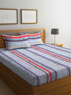 BOMBAY DYEING Red & Blue Striped Cotton 120 TC King Bedsheet with 2 Pillow Covers