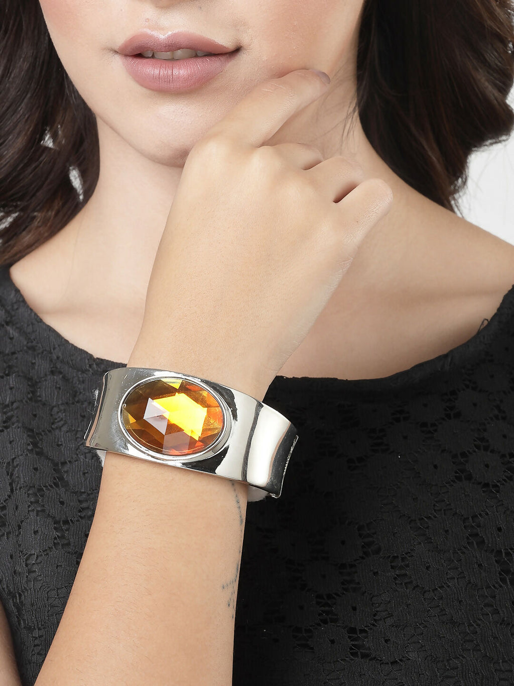 NVR Women Silver-Toned Topaz Rhodium-Plated Kada Bracelet - Distacart