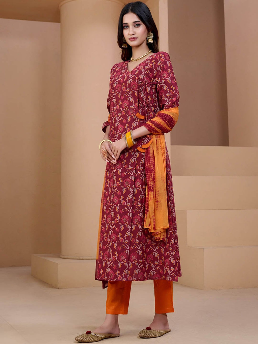 Sangria Maroon & Orange Printed V Neck Pure Cotton Angrakha Kurta With Trousers & Dupatta