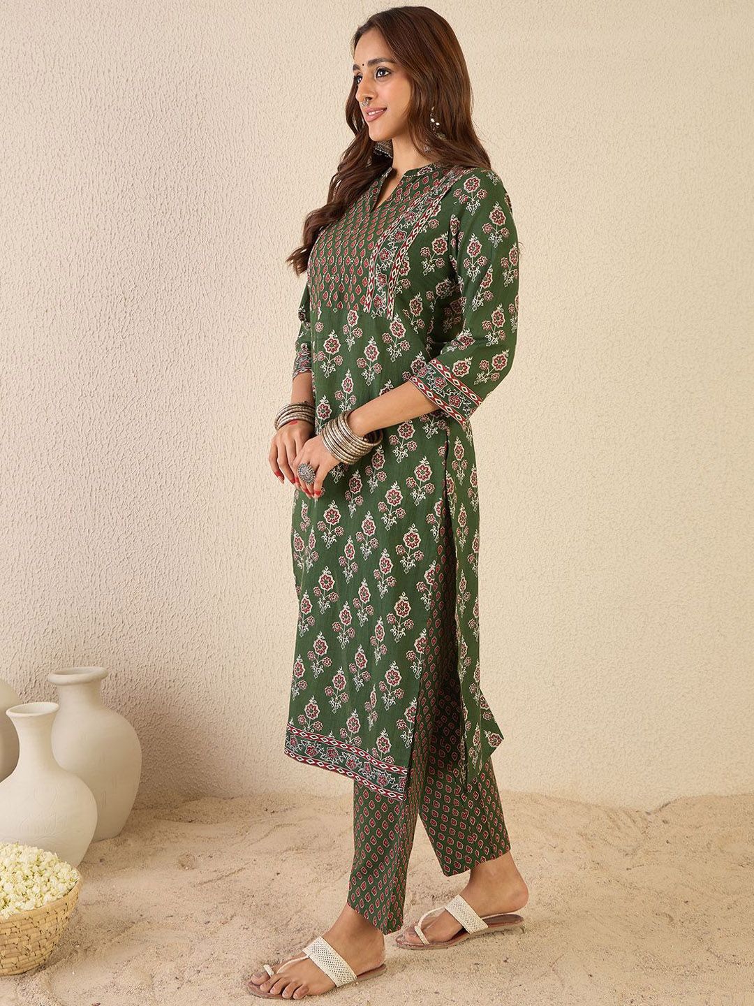 Indo Era Women Floral Printed Regular Sequinned Detail Pure Cotton Kurta with Trousers - Distacart