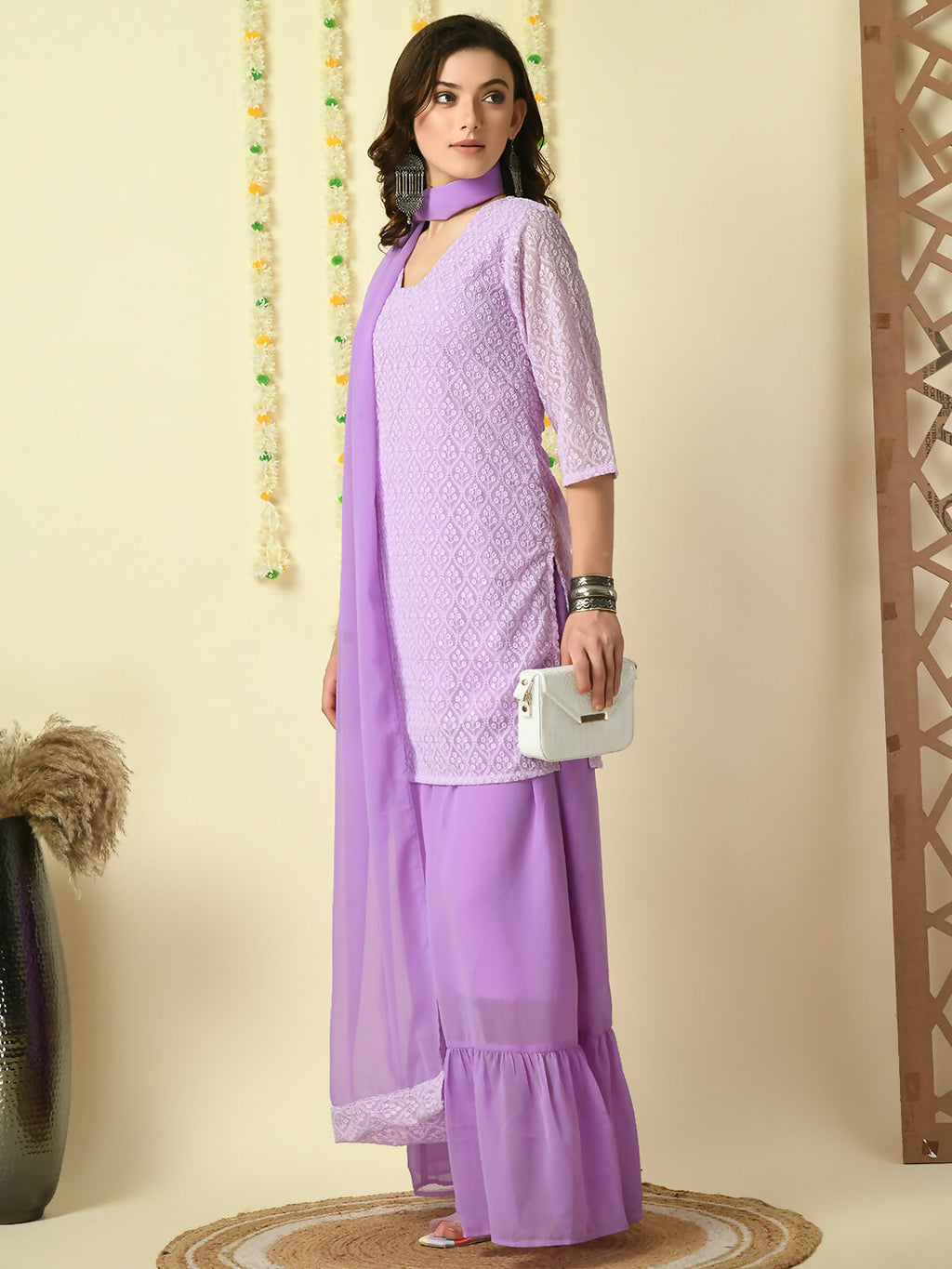 Myshka Women's Purple Georgette Kurti & Skirt With Dupatta Party Sets