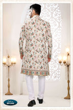 Joban Fashion Men's White Straight Silk Thread And Sequence Embroidery All Over 3 Pc Kurta Set
