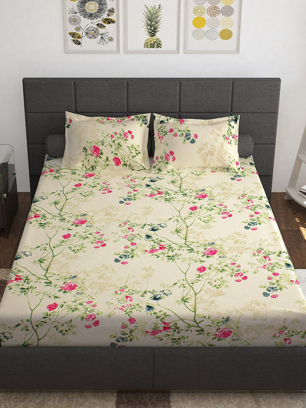 Story@home Ventura Cream & Green Floral 152 TC Cotton Queen Bedsheet with 2 Pillow Covers