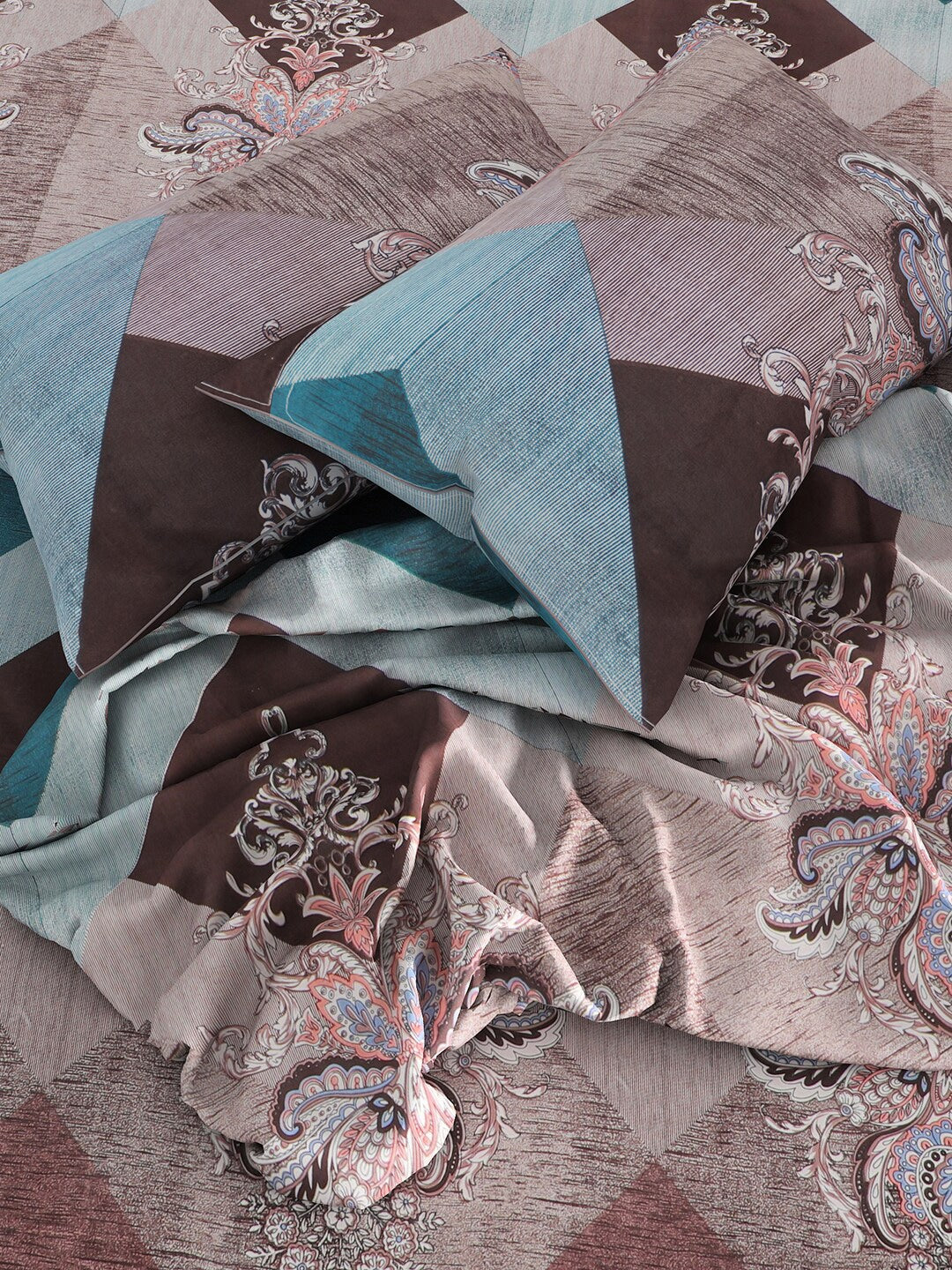 ROMEE Brown Geometric Print 144 TC Microfiber Queen Bedsheet with 2 Pillow Covers