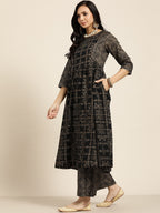 Sangria Women Black & Golden Ethnic Motifs Printed Pure Cotton Kurta with Palazzos