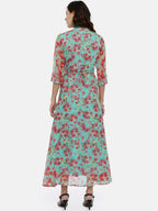Souchii Women Turquoise Blue & Pink Floral Print Ethnic Maxi Dress - Distacart