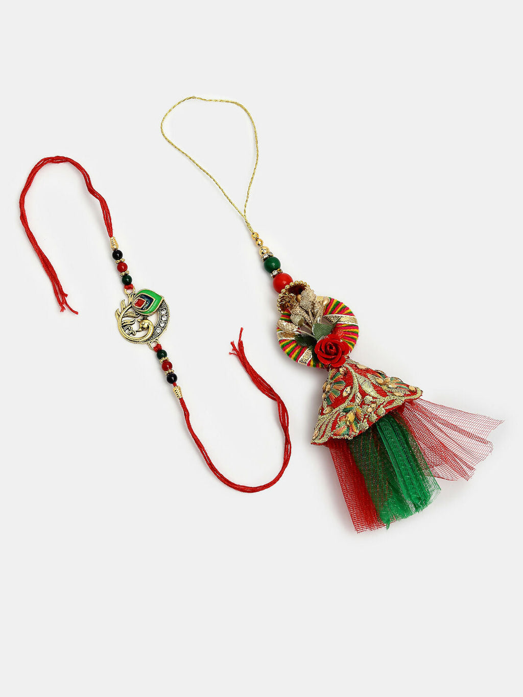 NVR Women & Men Set of 2 Multicolor Peacock Design Bhaiya Bhabhi Rakhi With Roli Chawal & Chocolate - Distacart
