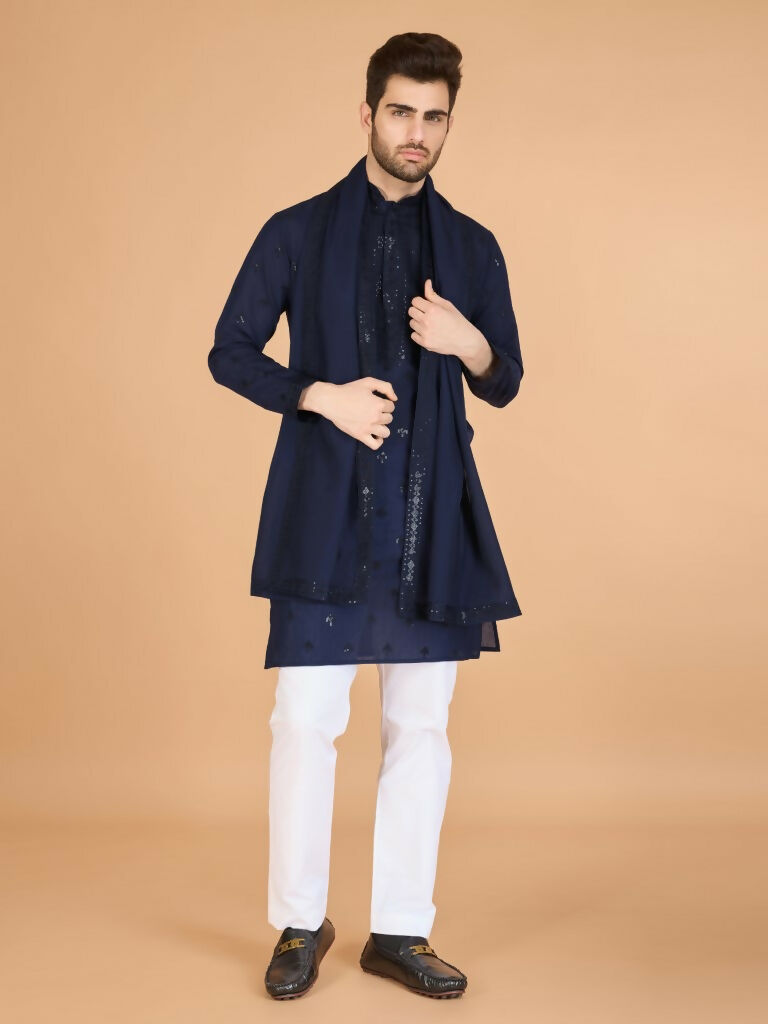 Vastranavya Navy Blue Exclusive Festival Wear Viscose Silk Thread with Sequence Embroidered Work Kurta with Dupatta