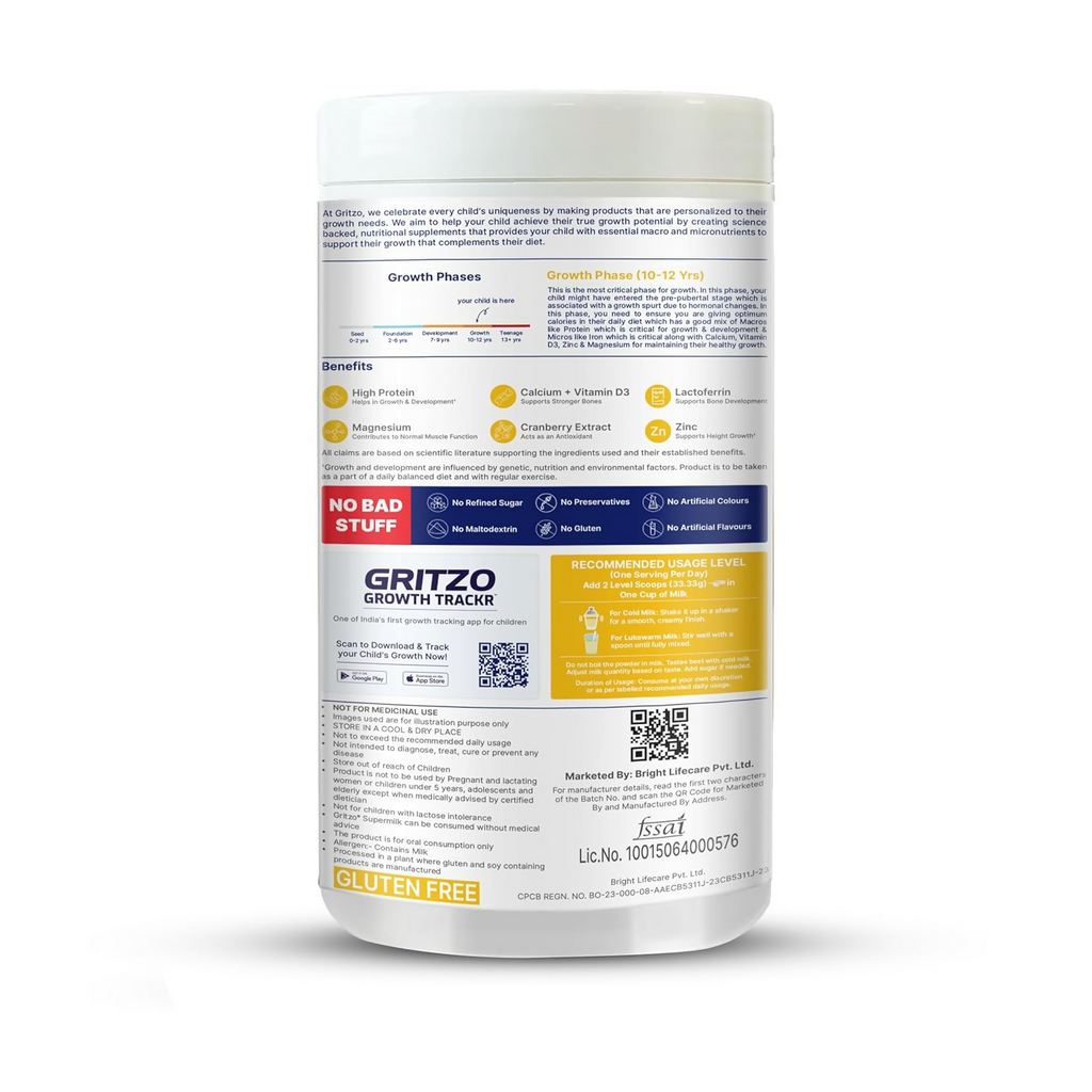 Gritzo SuperMilk Growth+ (Formerly Height+) Unsweetened Drink Mix (10-12y Girls), 12g Protein Powder Creamy Vanilla