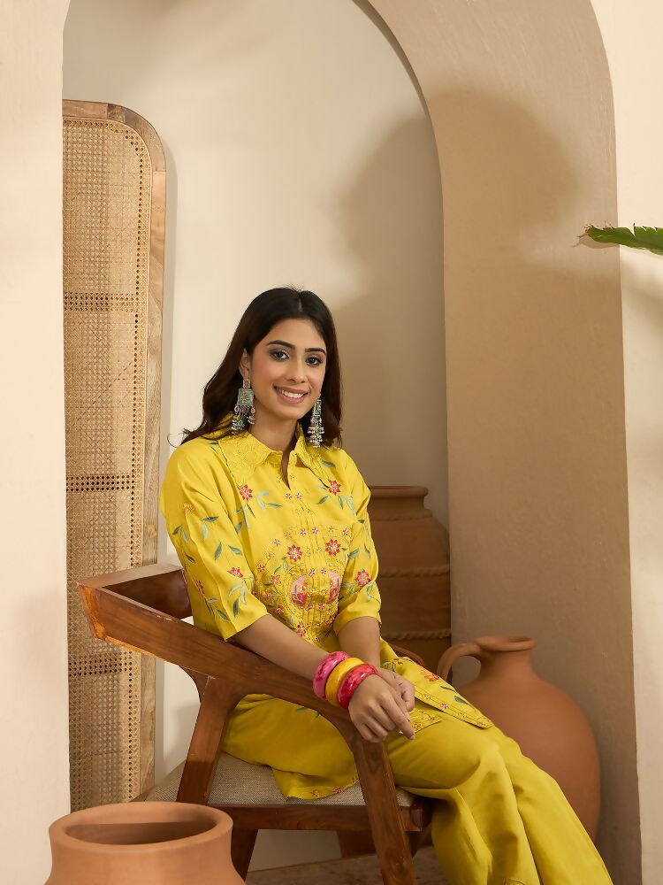 Joban Fashion Women Yellow Roman Silk Embroidered Stitched Kurta Set - Distacart