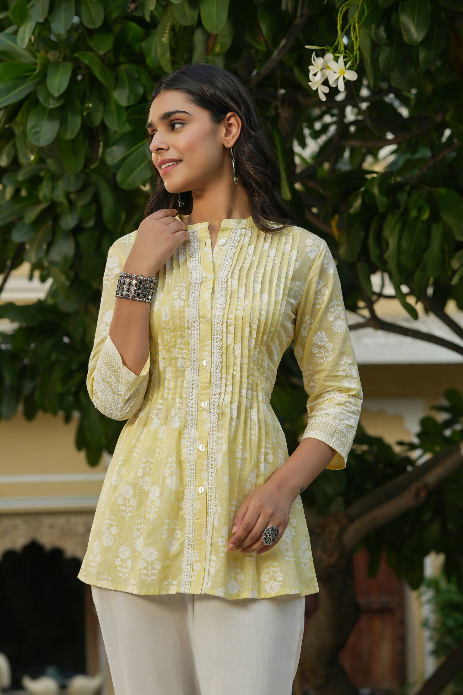 Juniper Women's Yellow Cambric Placement Floral Printed Tunic - Distacart