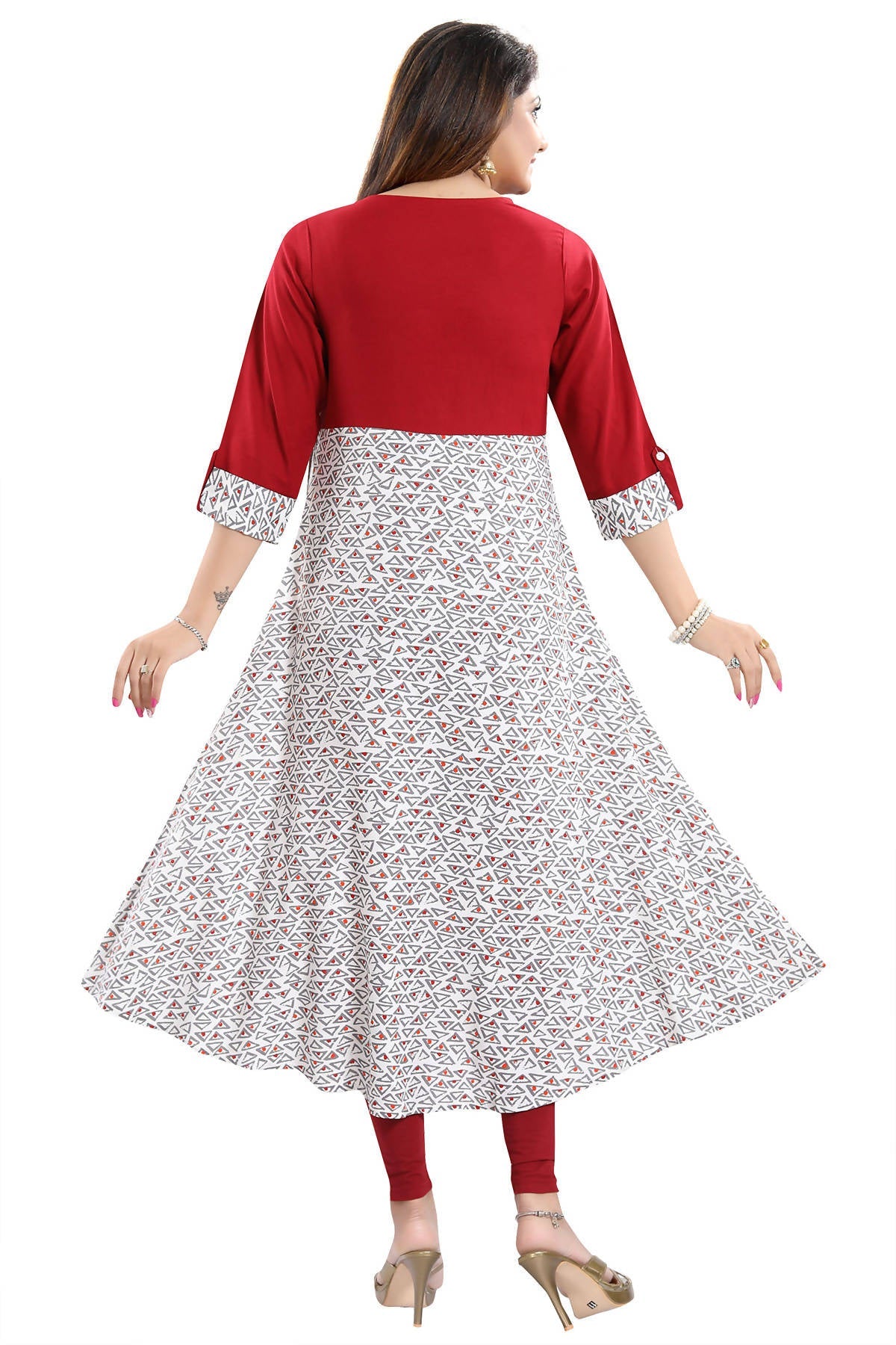 Snehal Creations Magnificent Maroon Rayon Printed Flared Long Tunic - Distacart