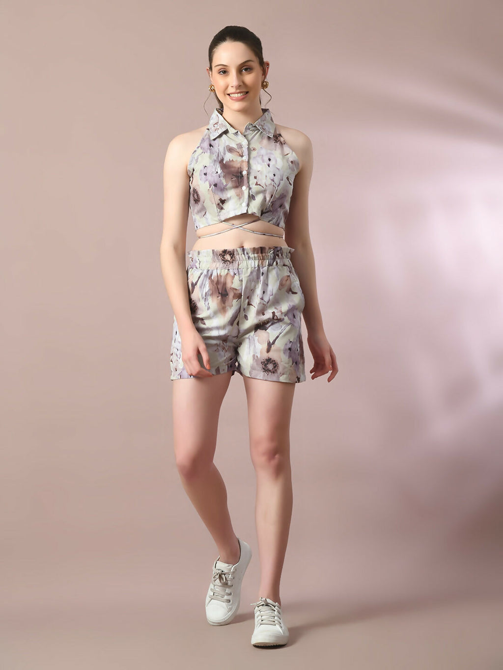 Myshka Women's Multi Printed Shirt Collar Party Top With Shorts Co-ord set