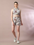 Myshka Women's Multi Printed Shirt Collar Party Top With Shorts Co-ord set